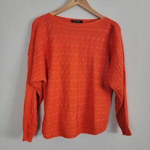 Lauren Ralph Lauren Sweater‎ Womens S Orange Cable Tight Knit Boat Neck Pullover
